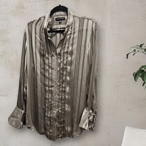 Banana Republic Taupe Stripe Satin Button Front Blouse Size L